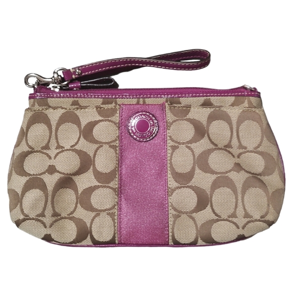 COACH Signature Stripe Large Wristlet Wallet Khaki Berry F47706 - Picture 3 of 16